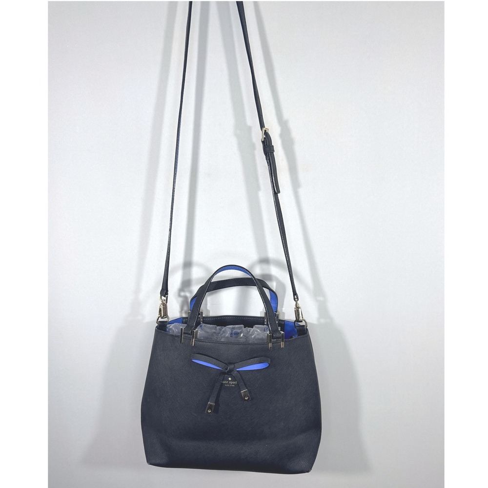Kate Spade Black Saffiano Leather Bow Crossbody Satchel Bag Blue Trim Preppy